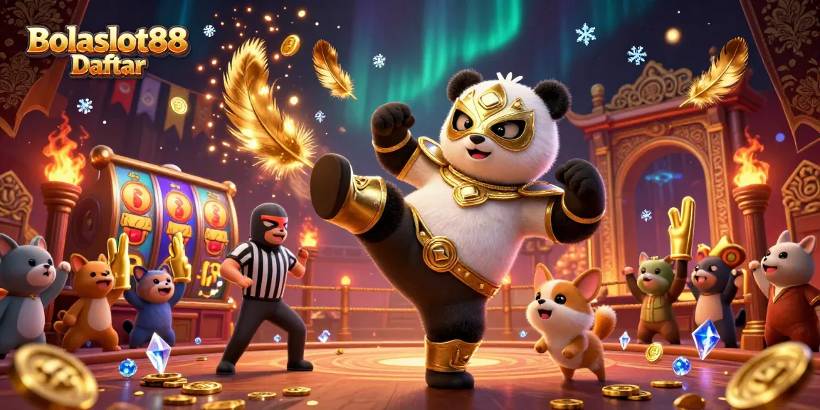 Bolaslot88 Daftar showcases dynamic casino action with a wrestling panda and chihuahua referee amidst a vibrant gaming scene.