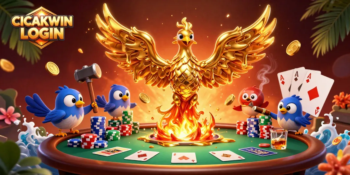 CICAKWIN LOGIN showcases a vibrant scene of a golden phoenix symbolizing gaming success with poker elements.