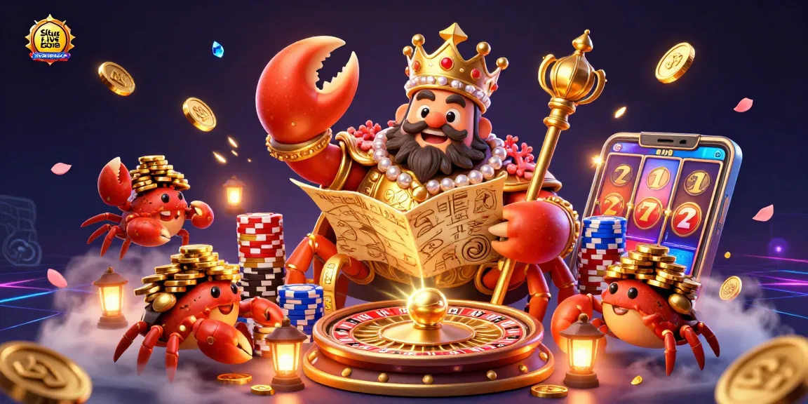 Situs Live Score showcases an adventure with a golden crab emperor and treasure elements amidst glittering coins.