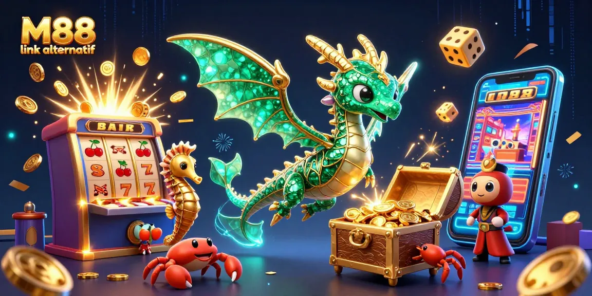 Engage with M88 link alternatif through an exciting 3D casino illustration showcasing vibrant games and characters.