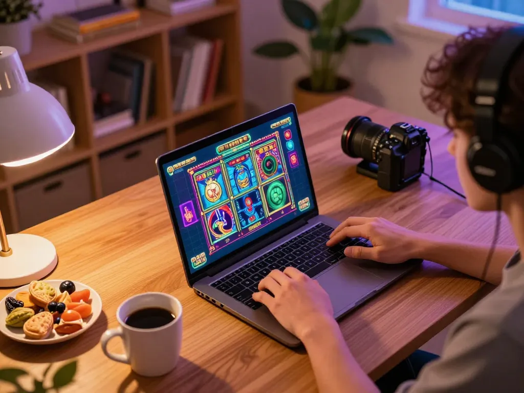 PULSASLOT player engaging in thrilling online slots, showcasing a vibrant gaming setup.