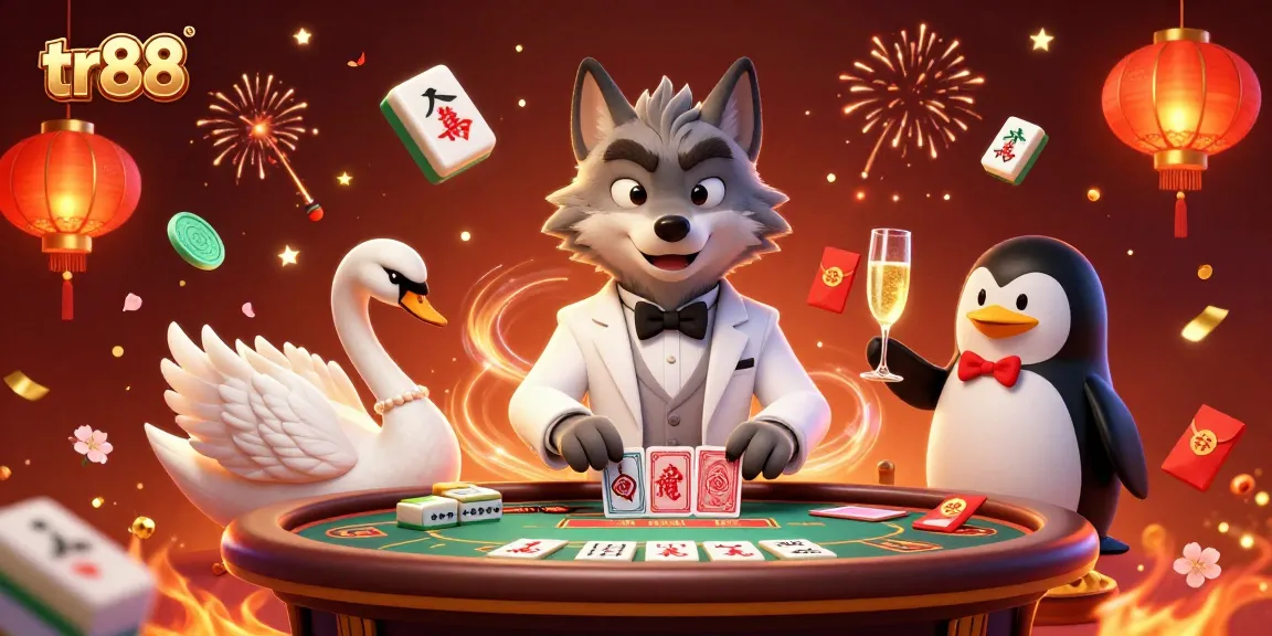 Experience thrilling baccarat action at tr88 with a charming gaming scene featuring a wolf, swan, and penguin.