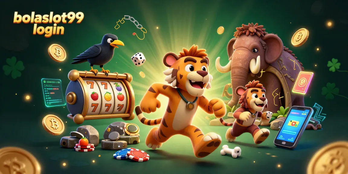 Bolaslot99 login offers vibrant casino fun with animated prehistoric characters, slot reels, and digital crypto elements.