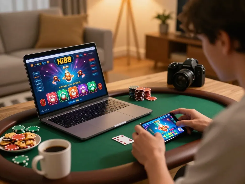 Engage with hi88's online poker platform during a cozy home gaming session