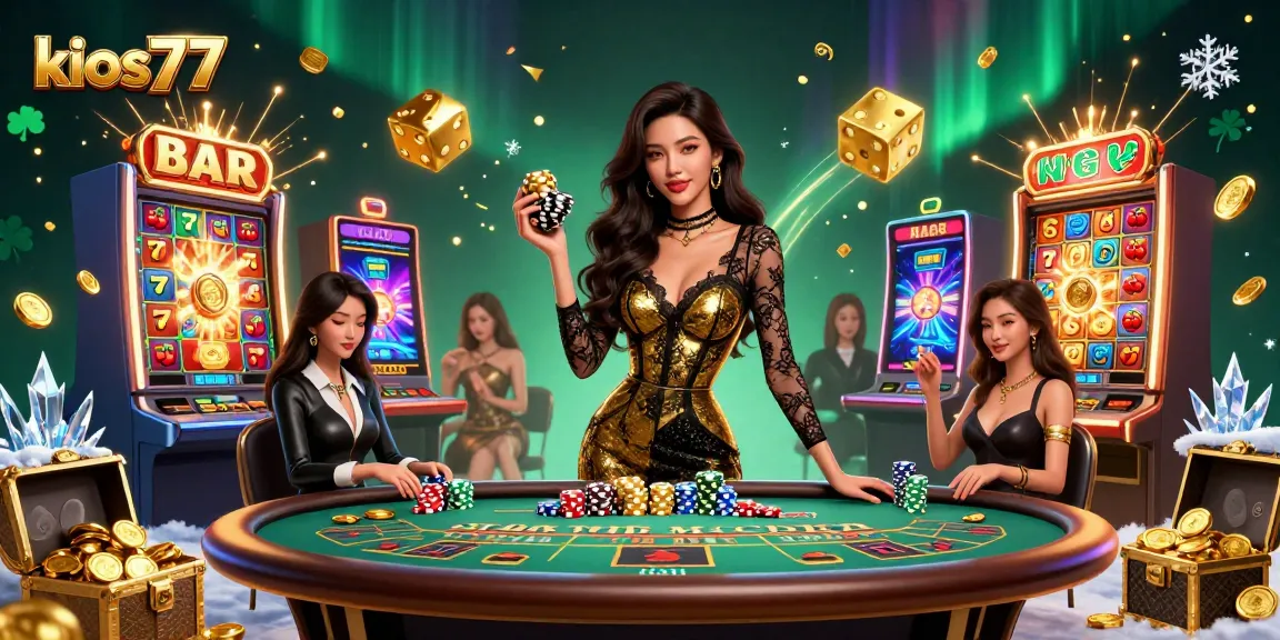 Kios77's VIP baccarat scene featuring a stunning woman with chips and slot machines bursting with winnings.