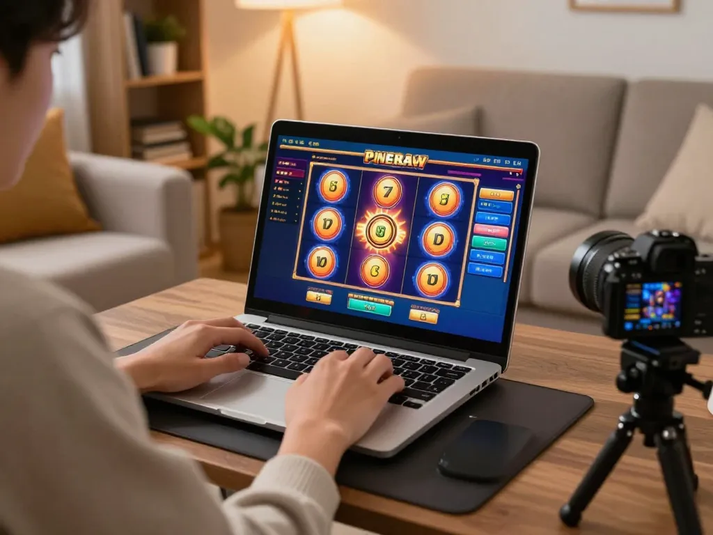 Player enjoying online slots at home with OKESLOT on screen, surrounded by a warm cozy atmosphere.