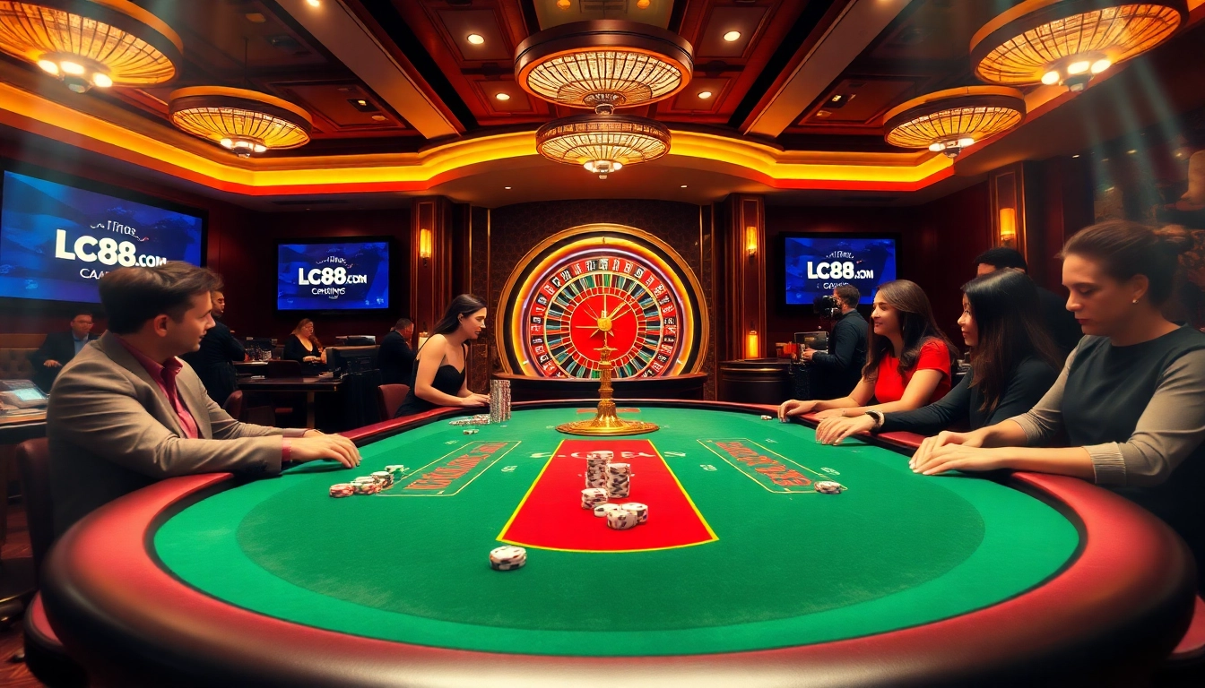 Experience the excitement of online gaming with lc88.com as players engage at a luxurious casino table.