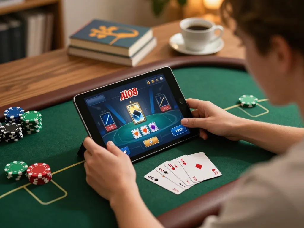 A person enjoying poker on alo8 with chips and cards visible, highlighting online gaming excitement.