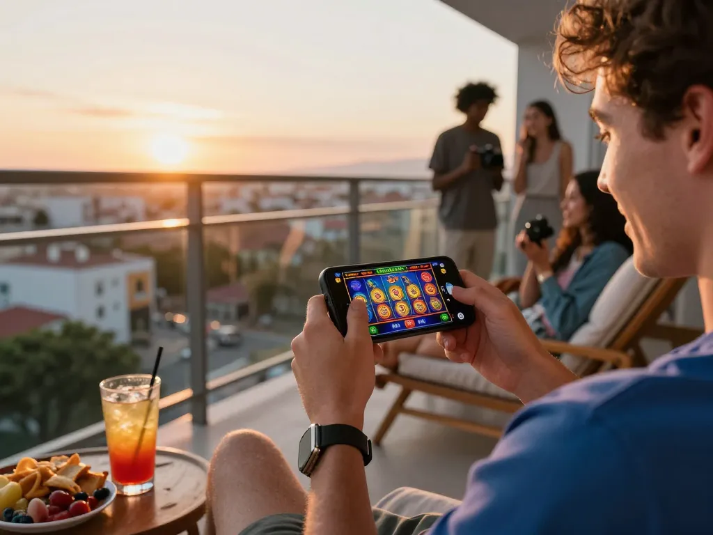 IDNSCORE online gaming scene showing a person engaged in mobile slots gameplay, surrounded by refreshments, showcasing excitement.