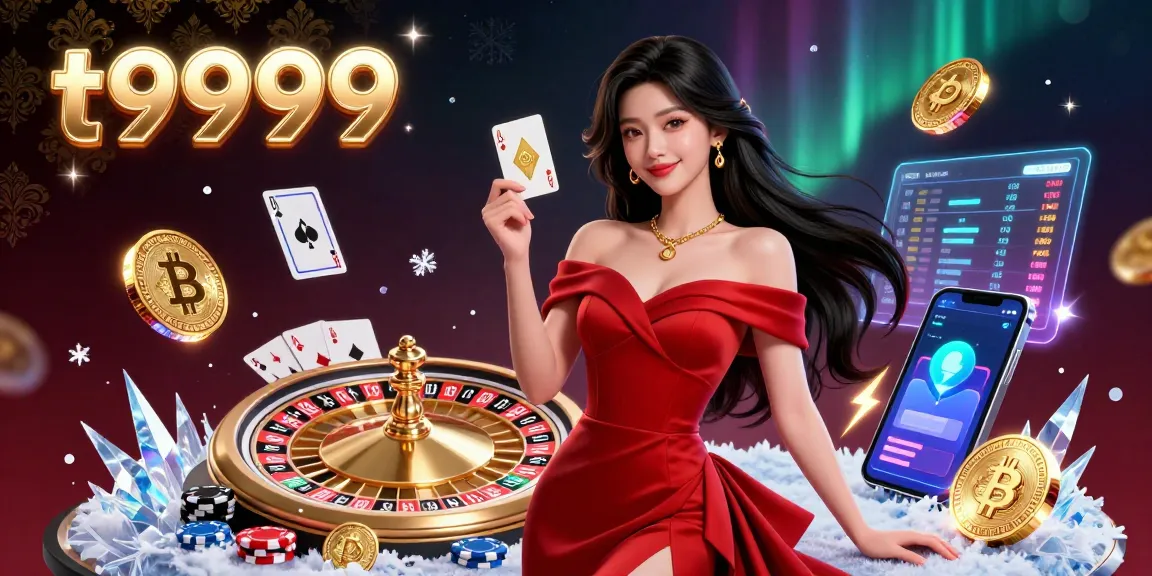 Experience thrilling gaming at t9999 with a beautiful dealer near a roulette wheel and cryptocurrency elements.
