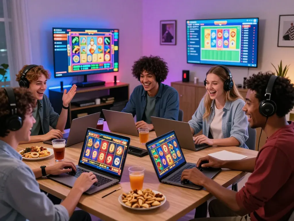 Pemain yang bersemangat menikmati pengalaman permainan slot online VIRUS88 di ruang permainan yang penuh warna.