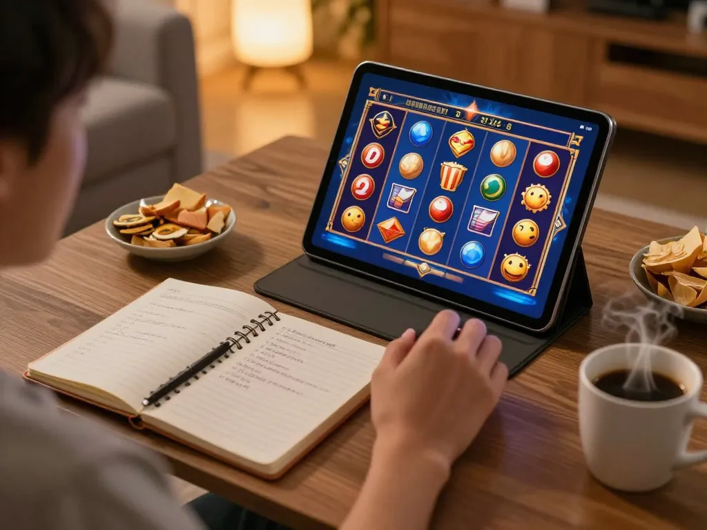 Memainkan permainan slot toto yang menarik di tablet dalam pengaturan permainan rumah yang nyaman.