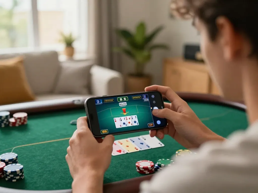 UU88 player engaging in strategic online poker gameplay on mobile device in cozy home setup
