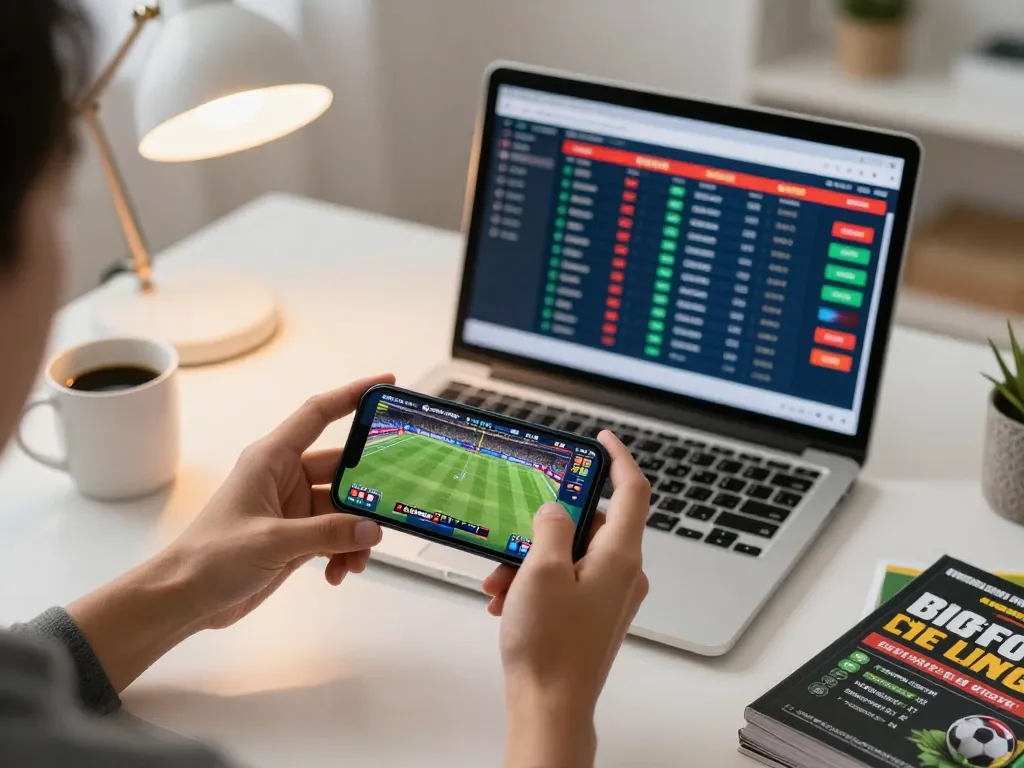 Engaged player using smartphone for live sports betting on 789bethv platform in a modern workspace.