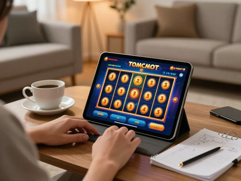 Engaging gameplay of toto macau slot displayed on a tablet in a cozy home environment.