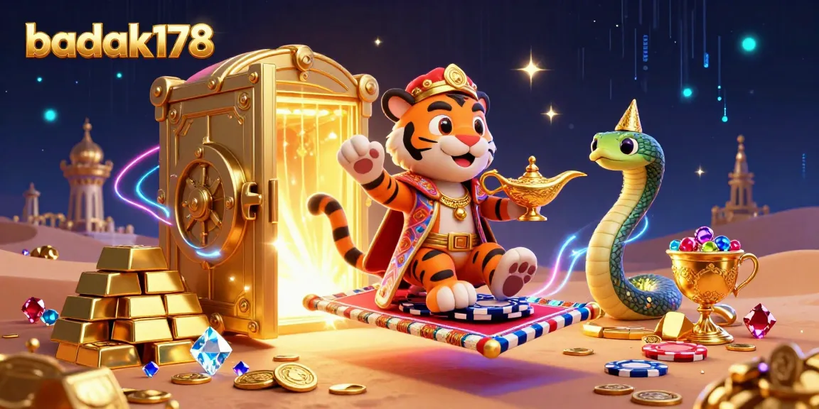 Experience the magic of badak178 with a vibrant, casino-themed 3D illustration showcasing gaming excitement.
