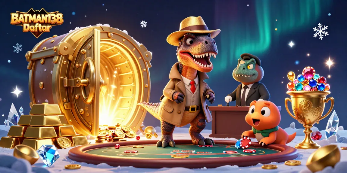 BATMAN138 Daftar showcases a velociraptor card counter in a lively casino scene.