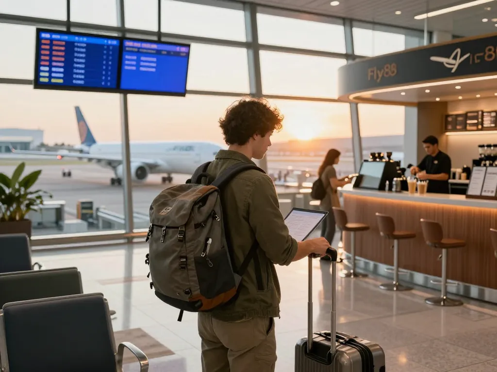 Traveler at airport lounge checking in for Fly88 flight during sunrise, exciting travel atmosphere.