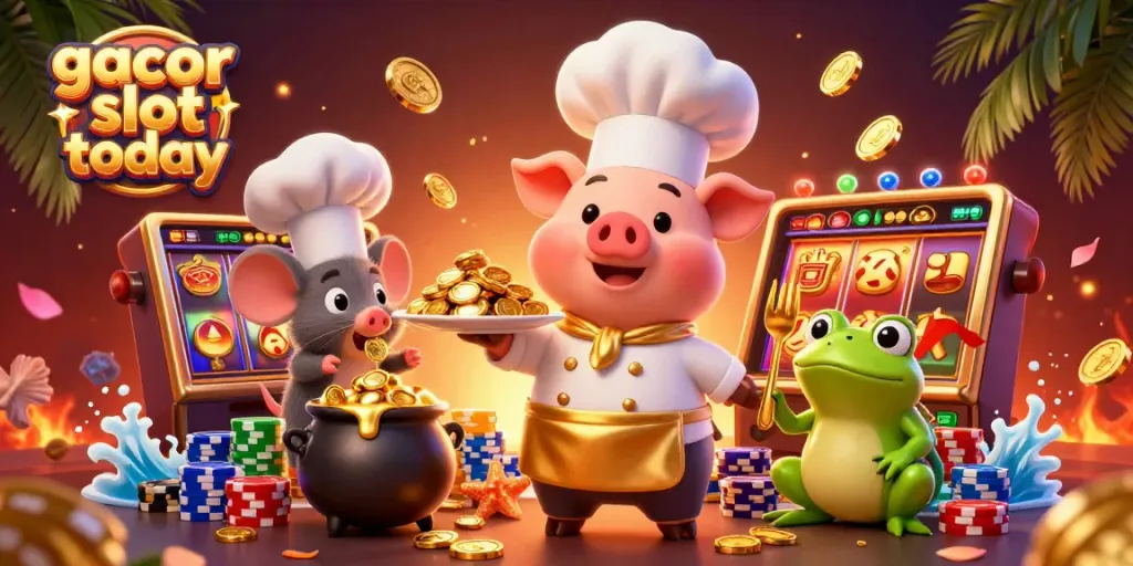 Play slots with gacor slot today as friendly characters serve golden coins amidst vibrant casino elements.