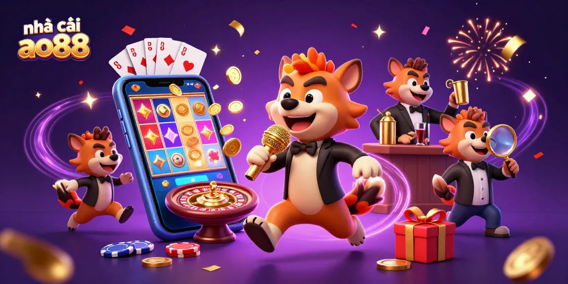 Engage in fun gaming at nhà cái ao88 with vibrant hyenas in a comedy casino scene.