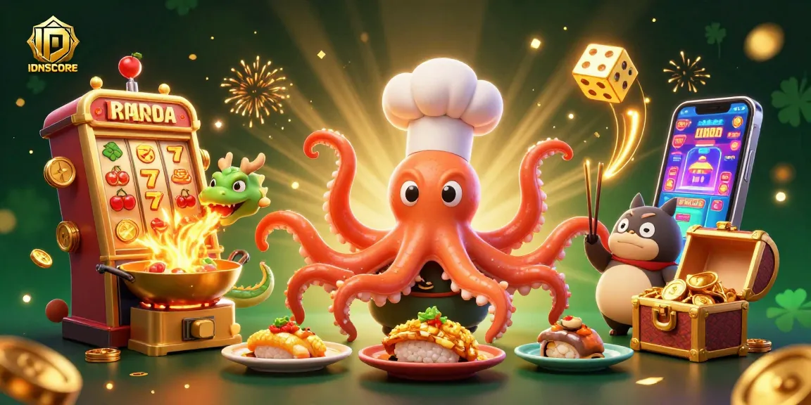 Engage with IDNSCORE's vibrant casino experience featuring a lively octopus chef and dragon.