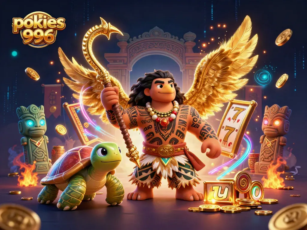 Experience the thrill of pokies996 with vibrant slot reels spinning and a demigod character.