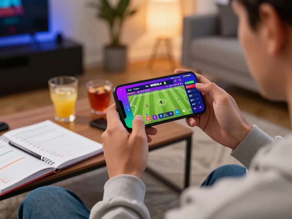 WWBOLA user engaged in soccer betting on a smartphone in a cozy home environment.