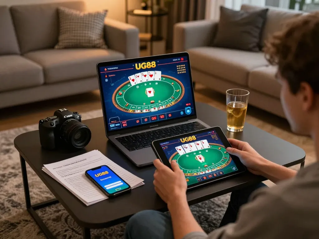Player engaging in online poker at UG88 on a tablet, showcasing strategic gameplay in a cozy home setting.