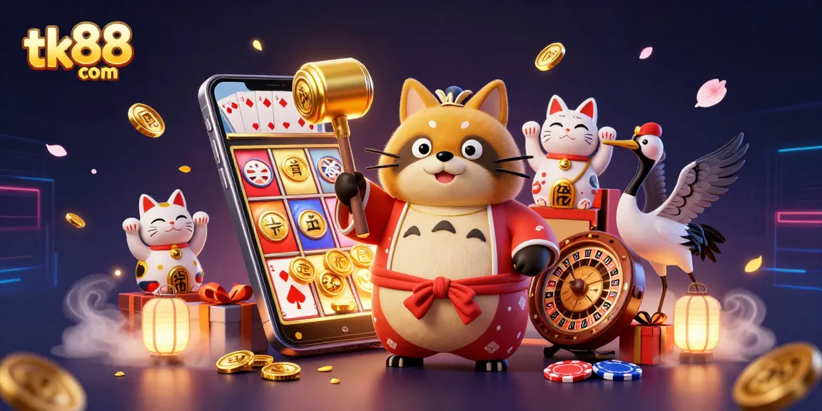 Engage with tk88 com featuring a tanuki and samurai crane in a lively casino scene with colorful slot games.