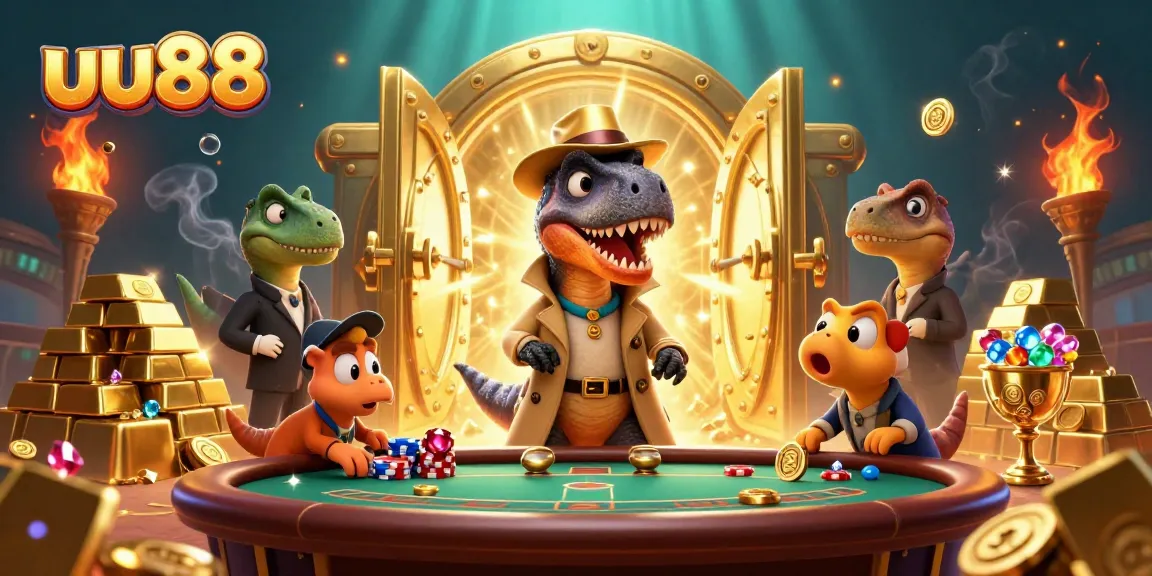 Experience thrilling action at uu88 with a velociraptor card counter and treasure bursting from a vault.