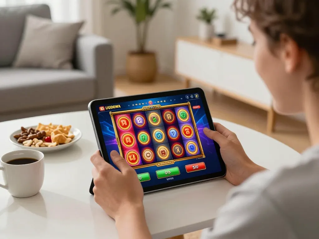 Enjoying gaming on UGDEWA's online slots platform in a cozy home setting.