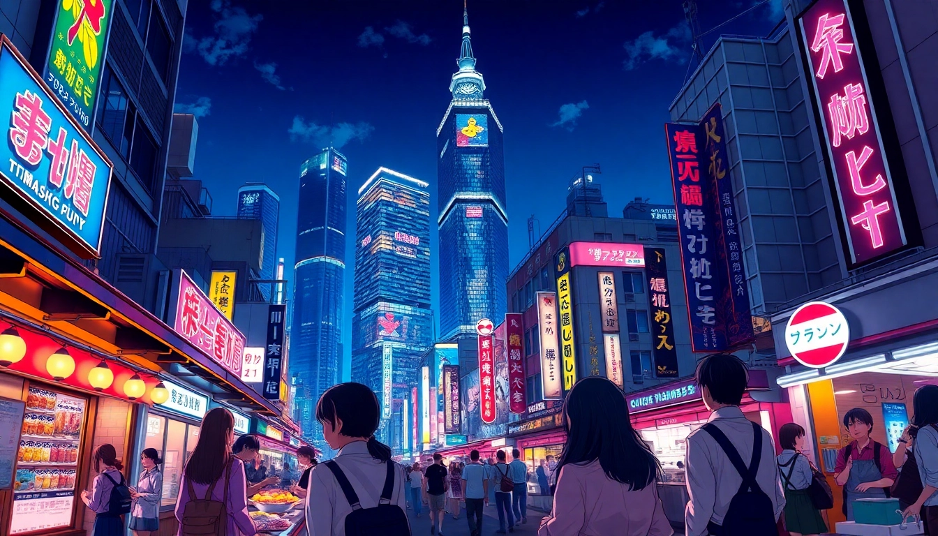 Menikmati suasana malam kota Tokyo di starjepang dengan cahaya neon yang cerah.