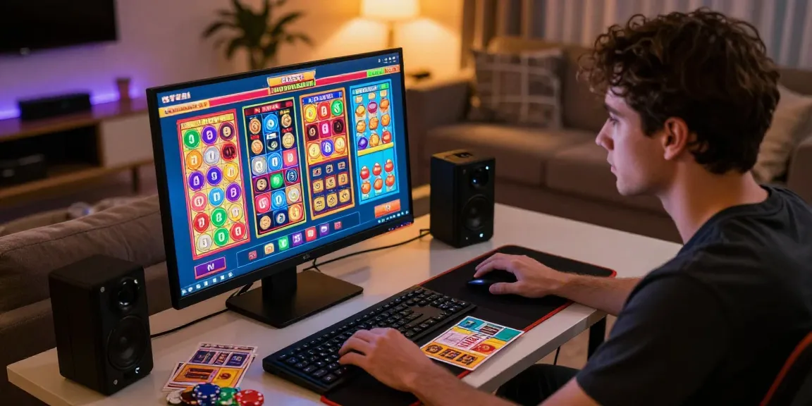 Pemain yume toto terlibat dalam permainan slot online dengan grafis yang cerah di layar komputer.