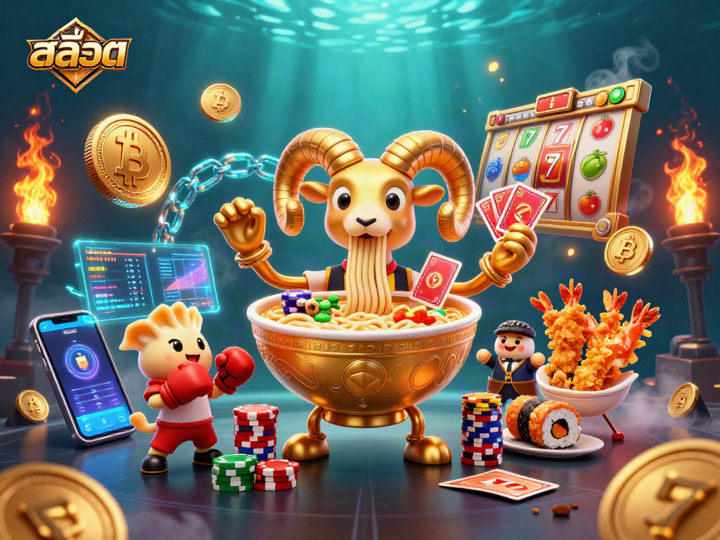 Experience vibrant สล็อต action with a lively golden ramen bowl dealer amidst slots and crypto symbols.