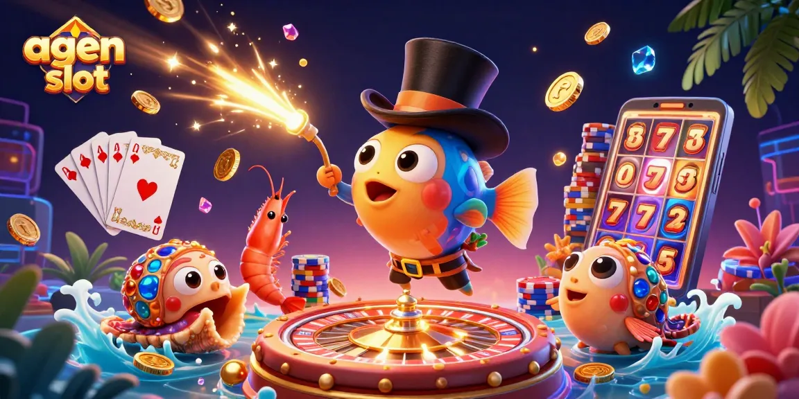Memenangkan jackpot agen slot dengan ikan angler dan karakter laut menarik koin emas.