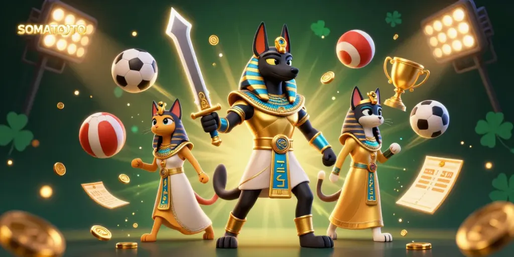 SOMATOTO showcases a vibrant 3D scene with Anubis and Bastet amid dynamic sports elements, enhancing the gaming experience.
