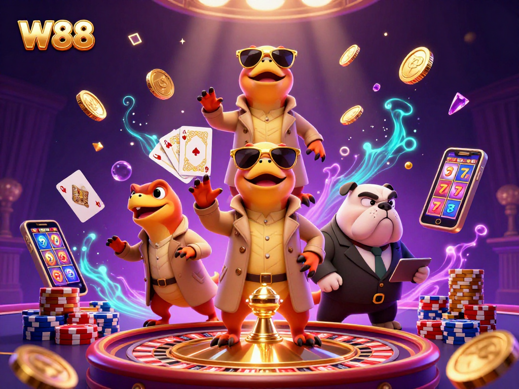 W88 players enjoy a thrilling VIP casino experience with raptors and rewards depicted in a 3D illustration.