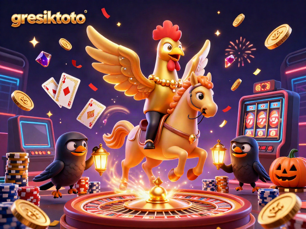 Experience the thrill of gaming at gresiktoto with vibrant casino elements and dynamic characters.
