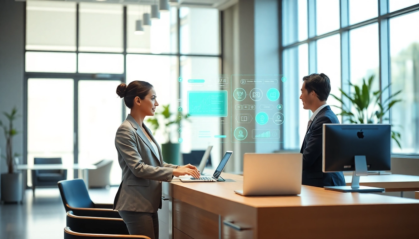 AI Receptionist managing calls in a modern office environment with advanced technology.