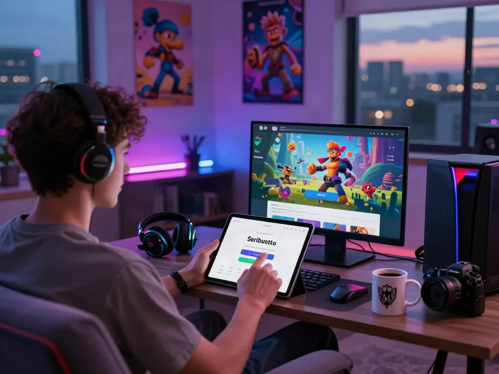 Seributoto Login interface on tablet in a cozy gaming setup with vibrant decor.