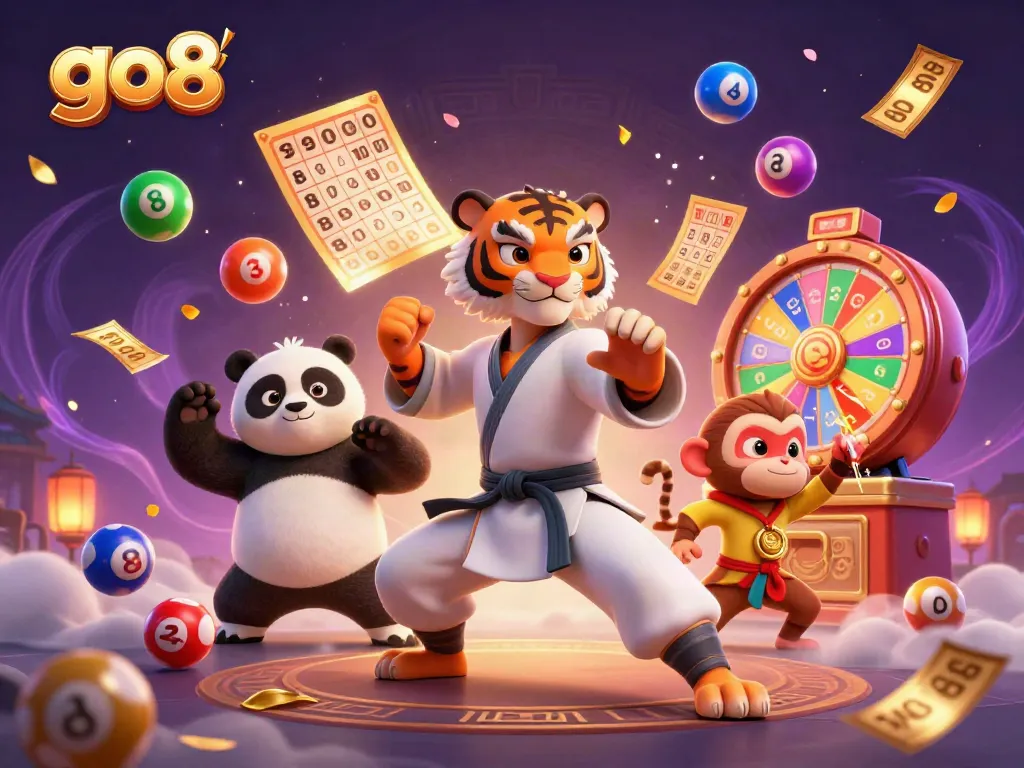 Engage in thrilling gameplay with go8's lively casino-themed illustration featuring a kung fu tiger master.