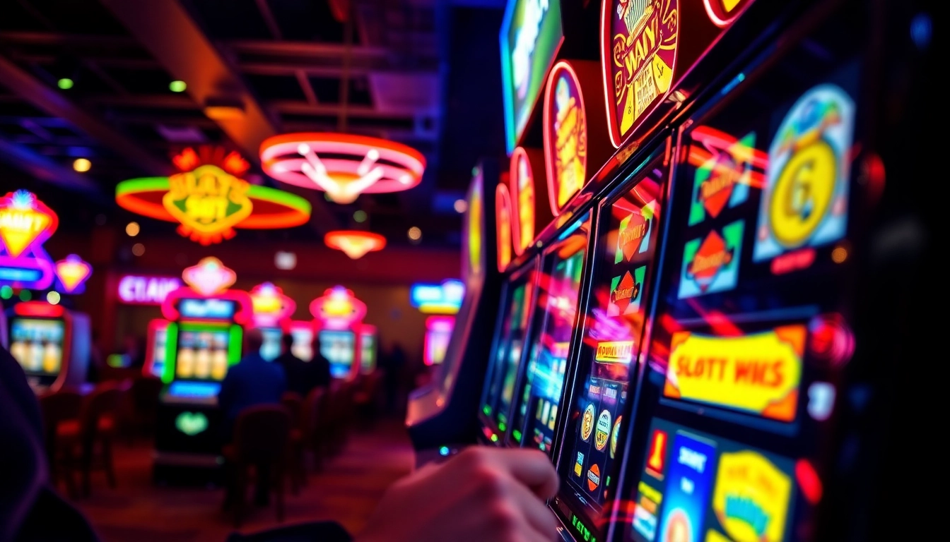 Slot machines berkilauan menarik perhatian pengunjung di kasino.