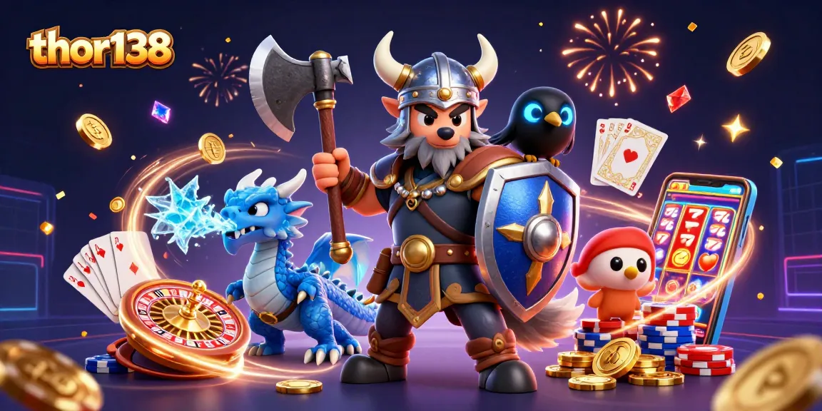 Menangkan hadiah di thor138 dengan ilustrasi 3D Viking, naga, dan koin yang berkilauan.