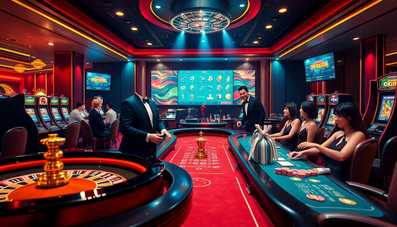 Experience thrilling gameplay at a luxurious casino featuring okwin theme, with roulette and poker tables.