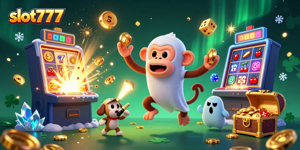 Engage in the thrill of slot777 as a mischievous monkey juggles winning symbols in a lively casino.