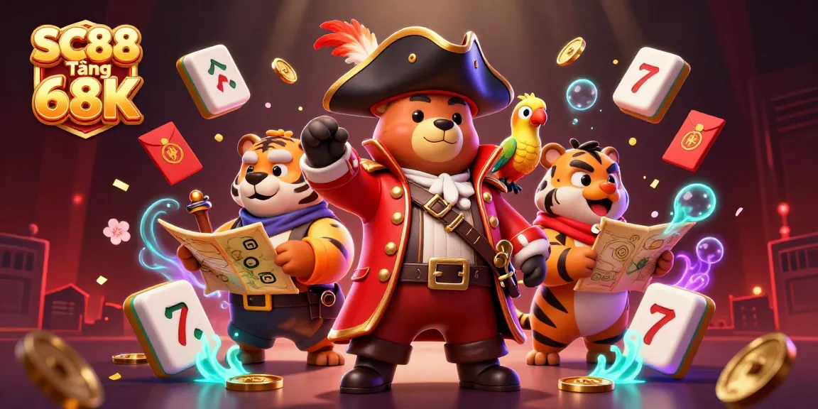 Experience the excitement of SC88 Tặng 68K with a vibrant illustration showcasing a pirate captain bear, tiger, and golden parrot amidst swirling gaming elements.
