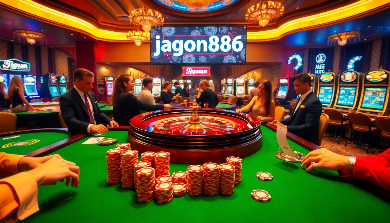 Experience luxury gambling with jagoan86 at a bustling roulette table, poker chips, and vibrant decor.