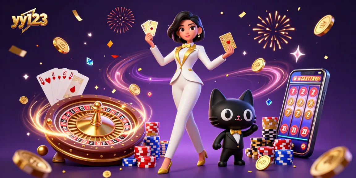 Experience excitement at yy123 with glamorous card games, casino elements, and vibrant colors.