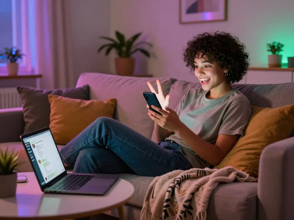 Engaging AI sexting interaction in a cozy living room setting with ambient lighting.