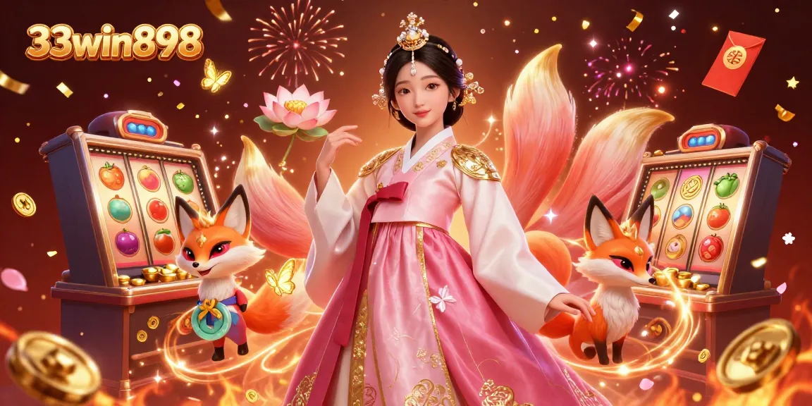 Engage in thrilling slots at 33win898 with a vibrant illustration showcasing winning moments and lucky symbols.